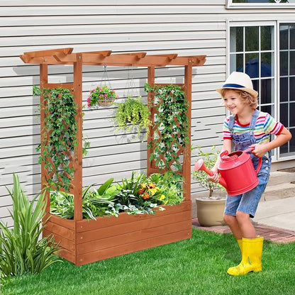 VINGLI Raised Garden Bed with Trellis & Hanging Roof, Wooden Planter Box with Drainage Holes for Outdoor Climbing Plants Vegetables Flowers, Patio Yard Balcony (Teak, Medium)