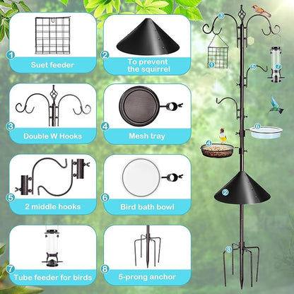 YINGYM Bird Feeding Station Kit, 87 Inches Bird Feeder Pole, Premium Feeder Hanging Kit with Metal Suet, Water Bowl, Mesh Tray and Squirrel Baffle