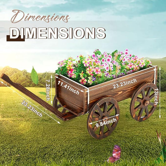 Beeveer Wooden Wagon Flower Planter Cart Garden Planter Box with Wagon Wheels Cart for Home Garden Outdoor Balcony Decorative, Patio Flowers Herbs Vegetables, Brown 23.23 x 11.41(Classic)