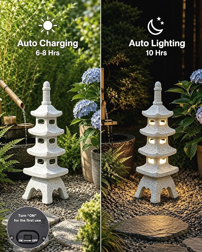 Nacome Solar Pagoda Garden Statues: 15.7 inches Multi-Layer Outdoor Weatherproof Resin Zen Decor for Landscape Balcony Patio Porch Yard Ornament(Gray)