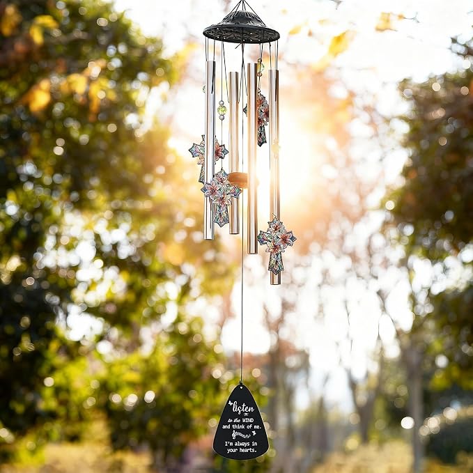 YU FENG Cross Memorial Wind Chime, Lily Flower Crystal Suncatcher | 34 Inch Outdoor Metal Chime, Religious Sympathy Gift, Remembrance Decor For Loss Of Loved One, Garden Patio Hanging