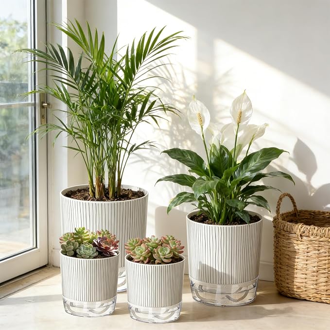 6 Pack Self Watering Pots for Indoor Plants, 4+5.5+6.3 Inch Self Watering Plant Pots Set, Flower Pots with Wick Rope and Reservoir for African Violet, Spider Plant, Orchid