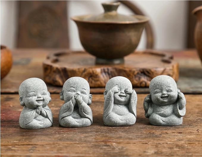 4-in-1 Mini Buddha Statue Set - See/Hear/Speak/Think No Evil, Zen Feng Shui Decor for Home, Aquarium, Garden, Office - Spiritual Resin Figurines with Blessing Amulet (Mini Laughing Buddha)