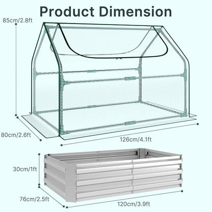 Miory Raised Garden Bed with PE Cover, 4x2.5x1 FT Galvanized Planter Box Outdoor with Mini Greenhouse, 2 Zippered Windows for Vegetables, Flowers, Includes Plant Labels & Gloves