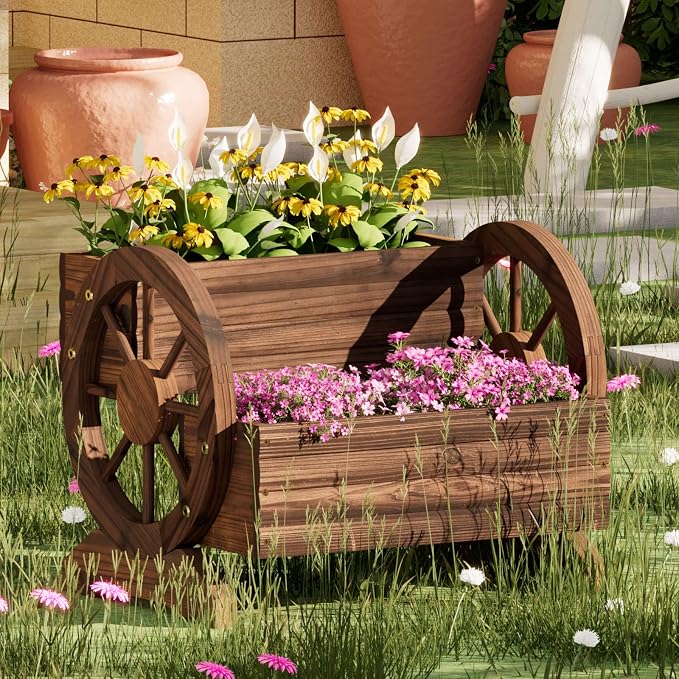 Wooden Wagon Planter Flower Cart with Wheels Garden Box Garden Planter, Decorative Planter for Flowers Herbs Vegetables for Indoor & Outdoor Décor Flower Cart for Patio Garden Balcony (Carbonized)