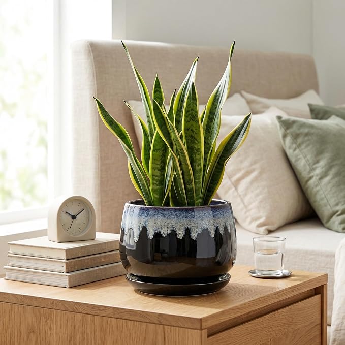 Ceramic Plant Pots 7 Inch - Ceramic Planter with Drainage Hole and Saucer, Decorative Flower Pots for Indoor Plants, Indoor Planter, House Garden Decor, Gifts for Plant Lovers, Black-Blue