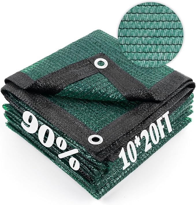 Cool Area 90% Sun Shade Cloth Mesh Tarp with Grommets for Plant Cover 10x20ft Patio Canopy Garden Pergola Greenhouse Car Barn Kennel Dark Green