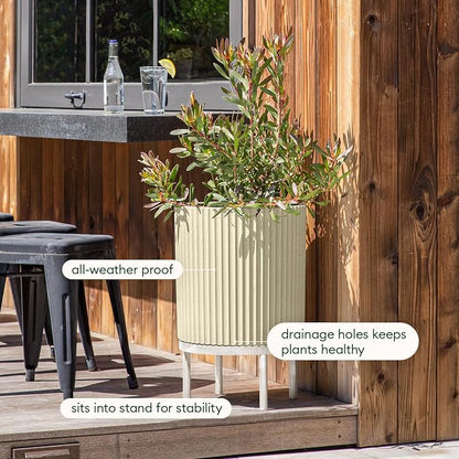 Veradek Demi Series Round Planter w/Stand for Porch/Patio | Durable Plastic-Stone Composite & Wooden Stand | Modern Décor for Tall Plants, Flowers