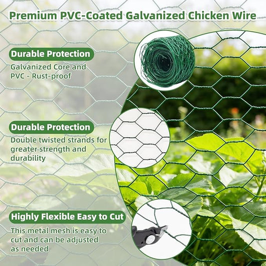 Chicken Wire for Floral Arrangements - Hexagonal Galvanized PVC Coated Poultry Wire Mesh Netting with Gloves, Wire Cutter & Zip Ties for Crafts, Poultry, Gardening Fence (15.7 x 196 lnches)