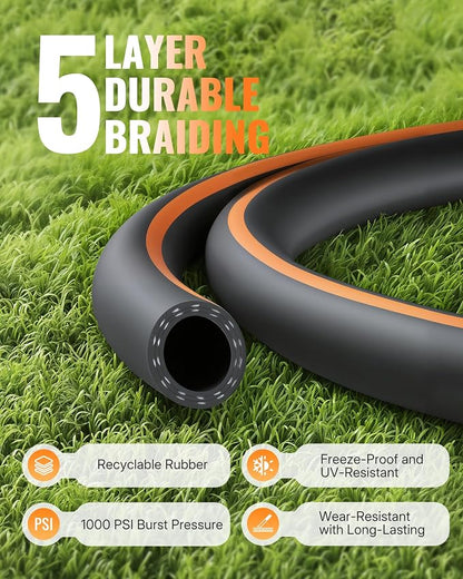 50FT x 5/8" Rubber Garden Hose, Heavy Duty Garden Water Hose, 300 PSI Working, 1000 PSI Burst, Swivel Handle with Stainless Steel Ring, 5-Layer Braided, All-Weather Outdoor Use, BG50GH06
