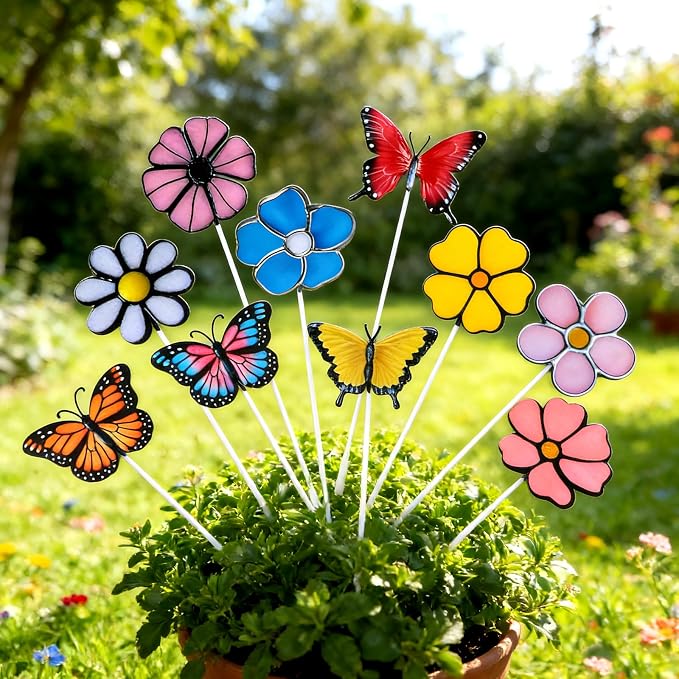 10 Pcs Metal Flower Garden Stake for Outside Outdoor 11.8" 5D Summer Flowers Butterfly Metal Sign Waterproof Decoration Landscape Ornament for Lawn Yard Garden Patio Porch Art