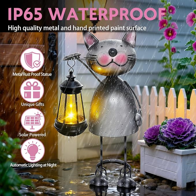 Garden Decor Cat Solar Statues,Unique Garden Statues Cat with Solar Lantern Waterproof, Birthday Gifts for Women Mom Grandma, Front Patio Balcony Yard Art Lawn Ornaments Porch Outdoor Decoration