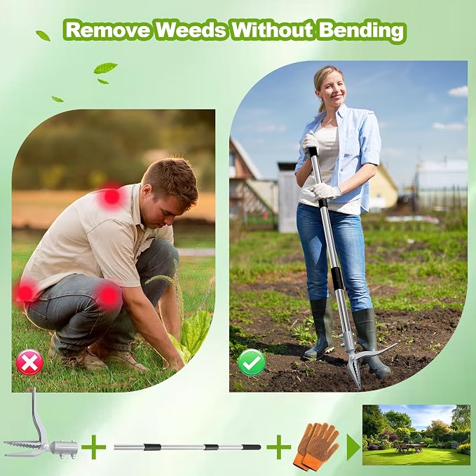 Weed Puller Tool with Gloves, Long Handle Stand Up Weed Tool, Heavy Duty Weeder Remover Tool with 4 Claw Steel Head for Garden, Yard, Lawns, Sidewalk (43")