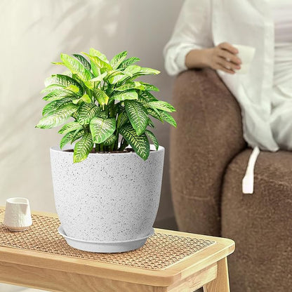 WSMKSZ Large Flower Pots 12/10/9 inch, Set of 3 Modern Decorative Plastic Planters with Drainage Holes and Saucers for Garden House Plants, Plant Pots for Indoor Outdoor Plants, Speckled White