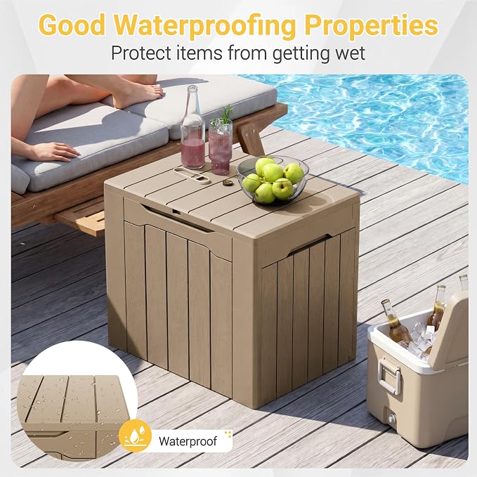 Greesum 33 Gallon Resin Deck Box All Weather Outdoor Storage Boxes for Patio Furniture Set,Outdoor Toys,Garden Tools, Light Coffee