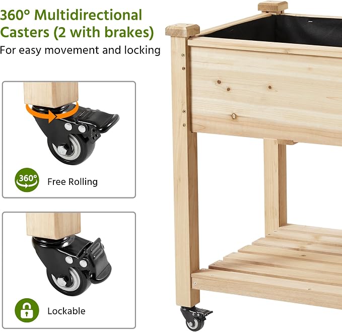 Topeakmart Solid Wooden Raised Garden Bed Vegetable Elevated Planter Kit Grow Gardening Box with Legs Storage Shelf & Wheels, 42x23x33in