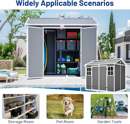 PVWIIK 8x6 ft Resin Outdoor Storage Shed with Floor & Window, Lockable Waterproof All-Weather Utility Shed for Garden Tools & Trash Bins, Gray-White