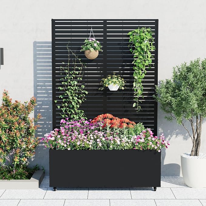 GarveeLife Metal Planter Box with Trellis and Wheels, 71"x47"x16" Raised Garden Bed for Climbing Plants, Vegetables, Vines, Privacy Planters for Patio with Drainage Holes, 15.7" Deep Planting Bed
