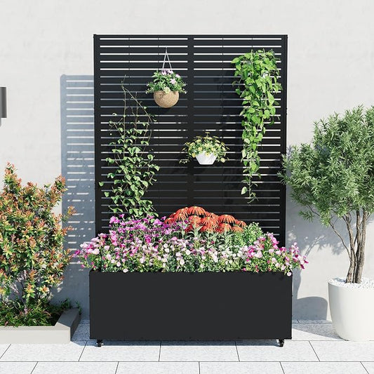 GarveeLife Metal Planter Box with Trellis and Wheels, 71"x47"x16" Raised Garden Bed for Climbing Plants, Vegetables, Vines, Privacy Planters for Patio with Drainage Holes, 15.7" Deep Planting Bed