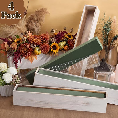 Sintuff 4 Set Rectangle Wooden Planters, 24 x 4 Inch Wood Boxes with Removable Plastic Liner & Floral Foam Blocks, Rustic Wood Planter for DIY Centerpieces Home Wedding Garden Bookshelf Decor (White)