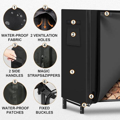 Gtongoko 8FT Firewood Rack Outdoor with Cover, Heavy Duty Wood Storage Racks with 600D Oxford Weather Resistant Waterproof Fabric Cover, Outdoor Firewood Holder