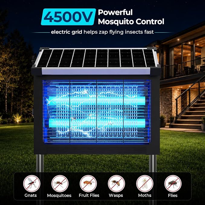 Solar Bug Zapper Outdoor Waterproof, Mosquito Zapper USB-C Rechargeable Solar Bug Zapper Outdoor, 4500V Electric Bug Zapper, Mosquito Trap Fly Zapper Killer for Patio Garden Backyard Camping Garage