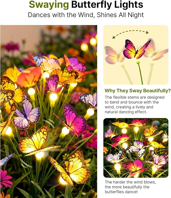 Solar Butterfly Garden Lights, 6 Pack 48 Swaying Butterflies | Lifelike Silk Wings on Wire Stems, For Yard, Patio, Pathway & Lawn, IP65 Waterproof Outdoor, Flutters in Any Breeze
