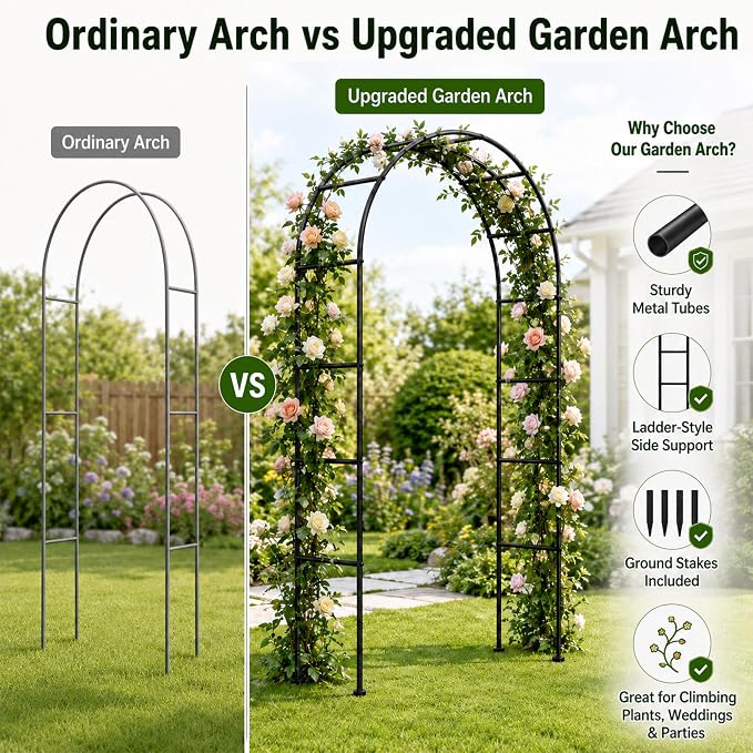 SUNLPH Thickness Metal Garden Arch Trellis for Climbing Plants, Rustproof, Black, 4.6x8.2 or 7.2x6.9 Ft, Wedding Arbor Archway for Bridal Party Flower Decoration