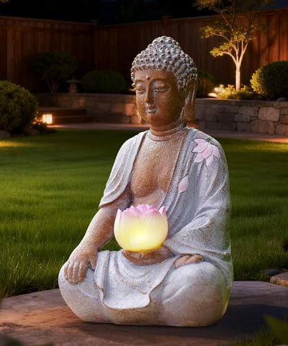 Nacome Solar Buddha Garden Statue Decor: Sitting Resin Figurine with Lotus Flower Light Zen Sculpture for Patio Lawn Yard Porch Balcony Meditation Space - 8.3 inches(White)
