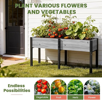 SUNYRISY Dual Wooden Raised Garden Bed Outdoor with Metal Legs for Gardening, 71" L x 23.6" W x 31.5" Elevated Planter Garden Box Raised Bed for Vegetable Flower Herb, Gray