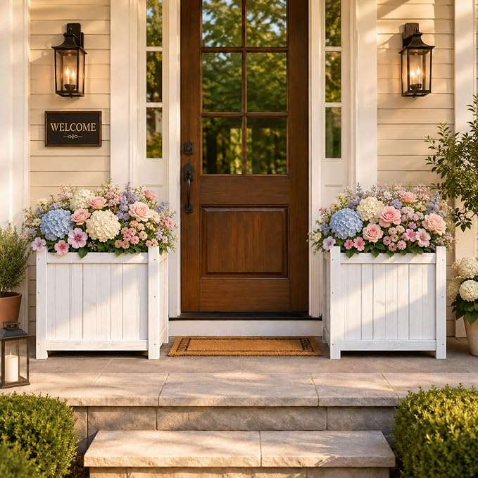 2-Pack 16" White Fir Wood Square Planter Boxes with Drainage Holes | Set of 2 whitewashed fir wood planters with removable bases, liners, and drainage holes for porch, patio, or garden