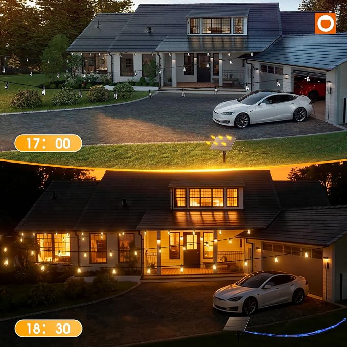 addlon 54FT Solar String Lights Outdoor Waterproof with USB Charging & Remote Control - Dimmable Solar Power Patio Lights with 26 LED Bulbs for Porch, Garden, Yard, Market, Bistro - Lasts 20+ Hrs