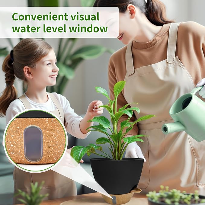 12/10/9/8 inch Self Watering Pots with Visual Water Window, Extra Large Self Watering Plant Pot with Drainage Holes and Saucers, Black Flower Pots for Indoor Plants
