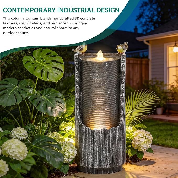 Autodaya Outdoor Water Fountain 32" Distressed Fluted Column with Lights | polyresin concrete-inspired water feature with bird sculpture, gentle cascading flow for garden, patio, deck or yard oasis