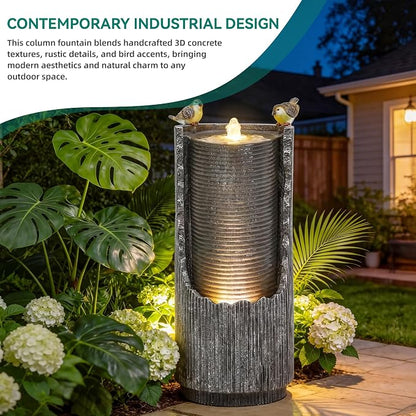Autodaya Outdoor Water Fountain 32" Distressed Fluted Column with Lights | polyresin concrete-inspired water feature with bird sculpture, gentle cascading flow for garden, patio, deck or yard oasis