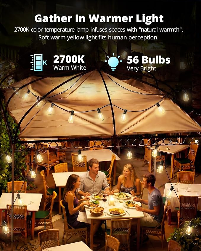 Outdoor String Lights 120FT, Outdoor Party Light with 58 Edison Lights Bulb | Patio Lights Outdoor Waterproof, LED Outside Hanging Light Connectable for Backyard, Porch, Garden, yard, Bistro, 2700K