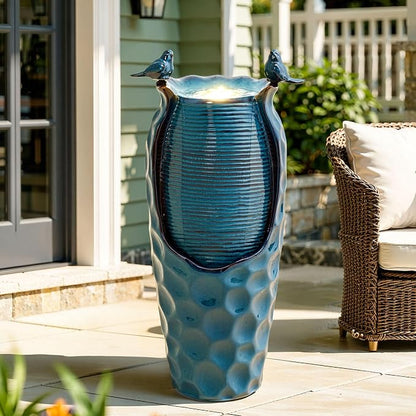 Autodaya 33" Vase Ceramic Outdoor Water Fountain with Lights and Birds | teal blue glazed water feature with textured design, ambient soothing cascading water flow for garden patio yard sanctuary