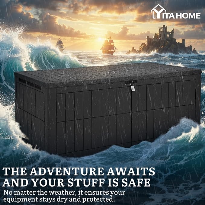 YITAHOME 200 Gallon Large Outdoor Storage Box XL Resin Deck Box with Lock | Waterproof Patio Furniture Bin and 3-Person Bench Seating for Garden Tools & Pool Accessories, Black