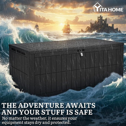 YITAHOME 200 Gallon Large Outdoor Storage Box XL Resin Deck Box with Lock | Waterproof Patio Furniture Bin and 3-Person Bench Seating for Garden Tools & Pool Accessories, Black