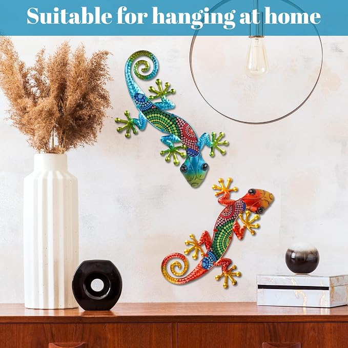 WANFSOWO 3D Metal Gecko Wall Art, Hand-Painted Colorful Lizard Wall Sculpture, Indoor Outdoor Hanging Decor for Garden Fence Patio Porch Backyard, Home Decor Gift (Style 1)