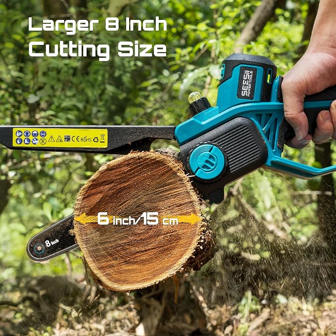 SEESII Flagship 8-Inch Cordless Mini Chainsaw, Upgraded Brushless Motor | Electric Chainsaw with 2×4000mAh Batteries, Tool-Free Chain Tension & Oiler, Handheld Saw for Fast Tree Branch Cutting