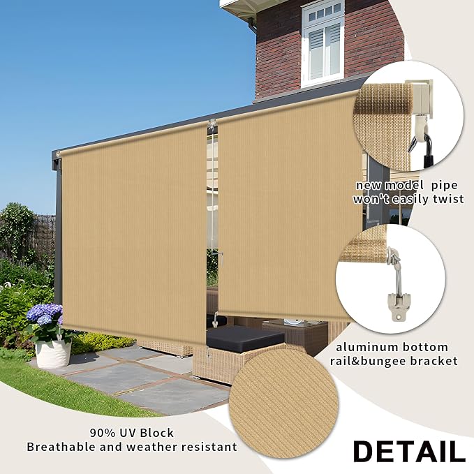 KANAGAWA Outdoor Roller Shade 6'X6' Sesame Exterior Cordless Patio Roll Up Shades for Outside Pergola Porch, Outdoor Blinds for Patio