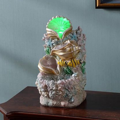 GOSSI Coral Shell Water Fountain - Tabletop Waterfall Fountain Indoor Desktop Decor with LED Lights, Zen Meditation Relaxation, Home Office Decoration (23037)