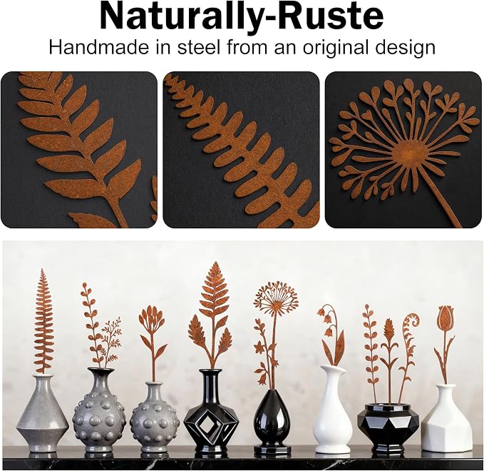 12 Pcs Rusty Metal Flowers and Plants, Rustic Metal Fern Leaf Garden Stakes, Rusty Plant Shaped Decoration for Flower Arrangement Potted Plants Outdoor Lawn Yard Courtyard Art
