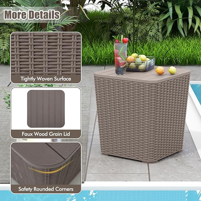 Tangkula 11.5 Gallon Water-proof Deck Box, Outdoor Patio Storage Box w/Removable Lid &, Faux Rattan Storage Container Side Table, All Weather Patio Furniture Extra Seat for Poolside (Brown)
