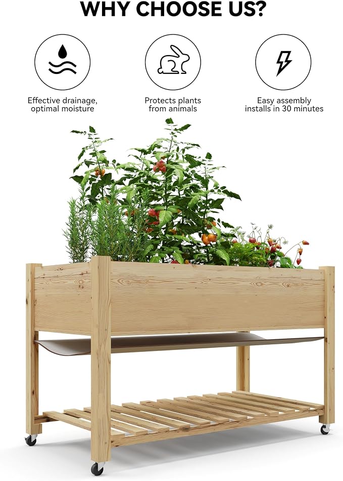 Rolling Elevated Planter Box on Wheels, 48x24x30 Inch Mobile Raised Garden Bed with Locking Casters, Storage Shelf, Wooden Outdoor Planter for Vegetables Flowers Patio Backyard, Natural Wood