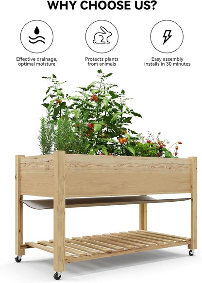 Rolling Elevated Planter Box on Wheels, 48x24x30 Inch Mobile Raised Garden Bed with Locking Casters, Storage Shelf, Wooden Outdoor Planter for Vegetables Flowers Patio Backyard, Natural Wood