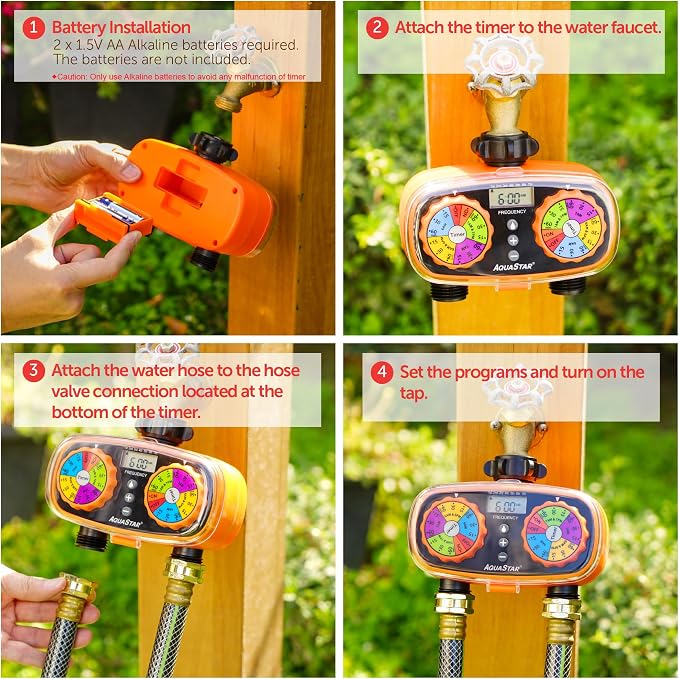 AQUASTAR Two-Zone Hose Watering Timer (Orange), Automatic Irrigation for Lawn, Garden, Yard, Two Outlets