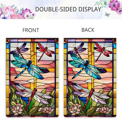 Spring Summer Dragonfly Garden Flag Stained Glass Style Flowers Garden Flag Vertical Double Sided Rustic Farmland Burlap Yard Lawn Outdoor Decor 12.5x18"