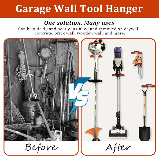 Weed Eater Hanger, Heavy Duty Trimmer Wall Mount Rack for Garage Tool Storage, Metal Weed Wacker Holder Organizer for Grass Trimmer, Blower & Garden Power Tools, Shed Wall Mount Bracket (Orange-1pack)